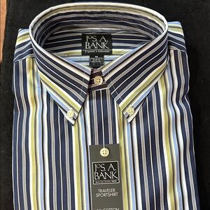 Jos. A. Bank Navy, Green and Light Blue Striped Button-Down Shirt
